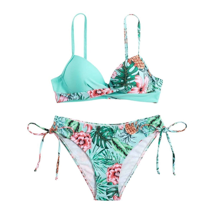 Kayan wanka na bikini mai ɗaure da kai, an yi masa fenti mai kama da fure, an yi masa ado da lace ...