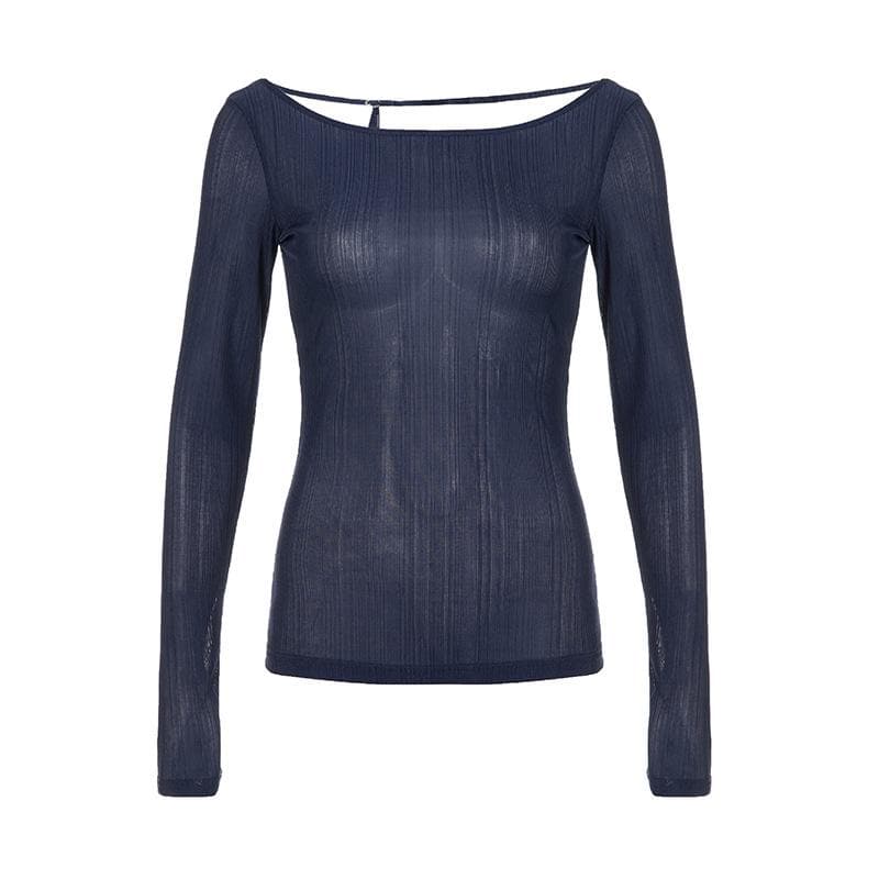 Round neck hollow out backless long sleeve solid cut out top