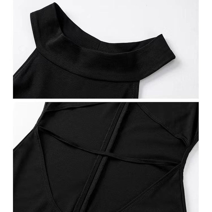 Solid hollow out sleeveless crewneck slit midi dress-final-sale