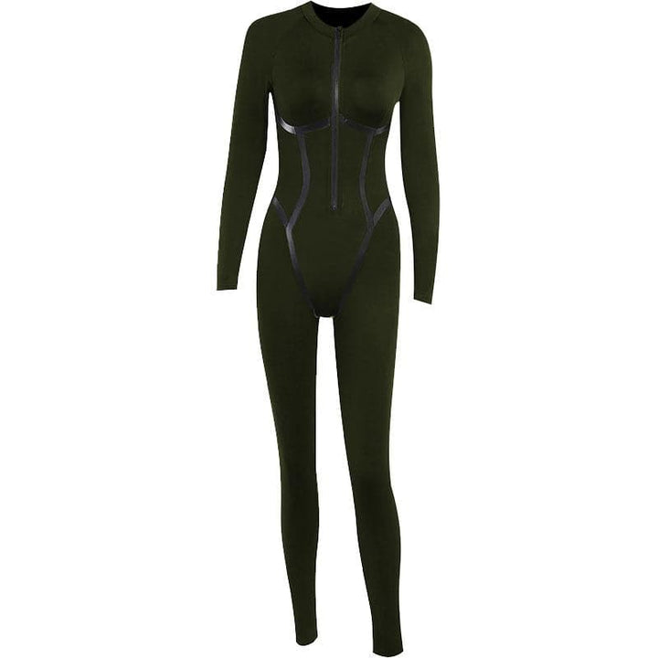 Zip-up PU leather long sleeve high neck solid jumpsuit