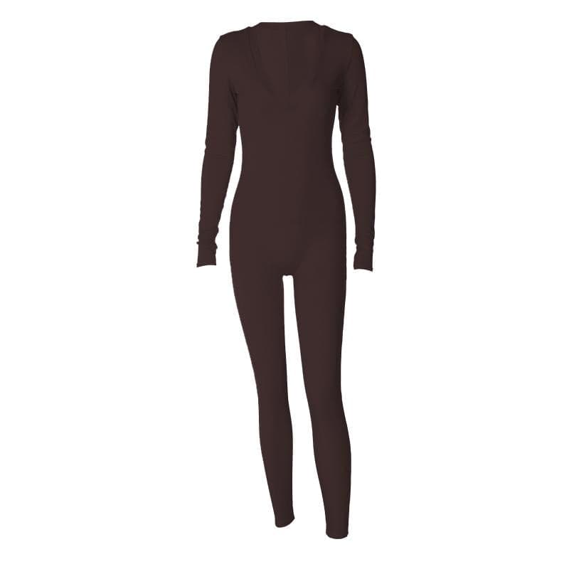 Ribbed solid long sleeve v neck jumpsuit  | Festival Outfits Women