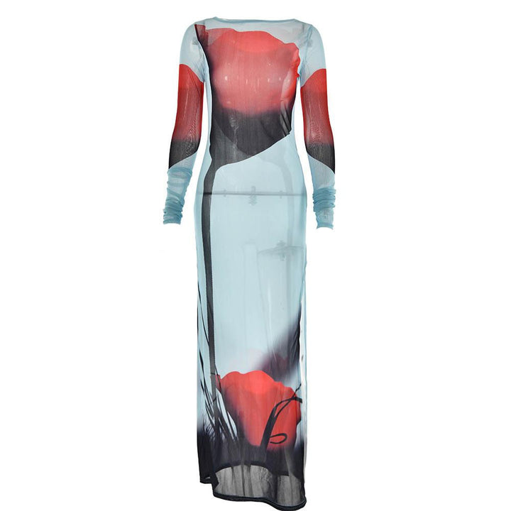 Sheer mesh see through abstract contrast long sleeve slit maxi dress