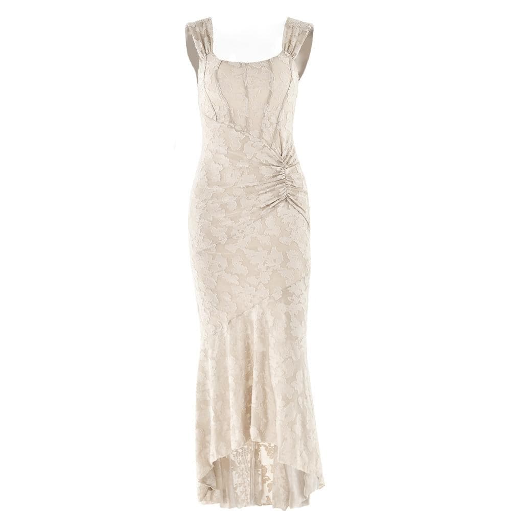 U neck zip-up ruched bustier ruffle cami maxi dress  | Festival Outfits Women