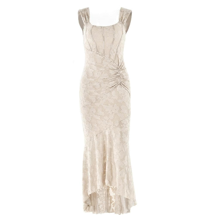 U neck zip-up ruched bustier ruffle cami maxi dress  | Festival Outfits Women