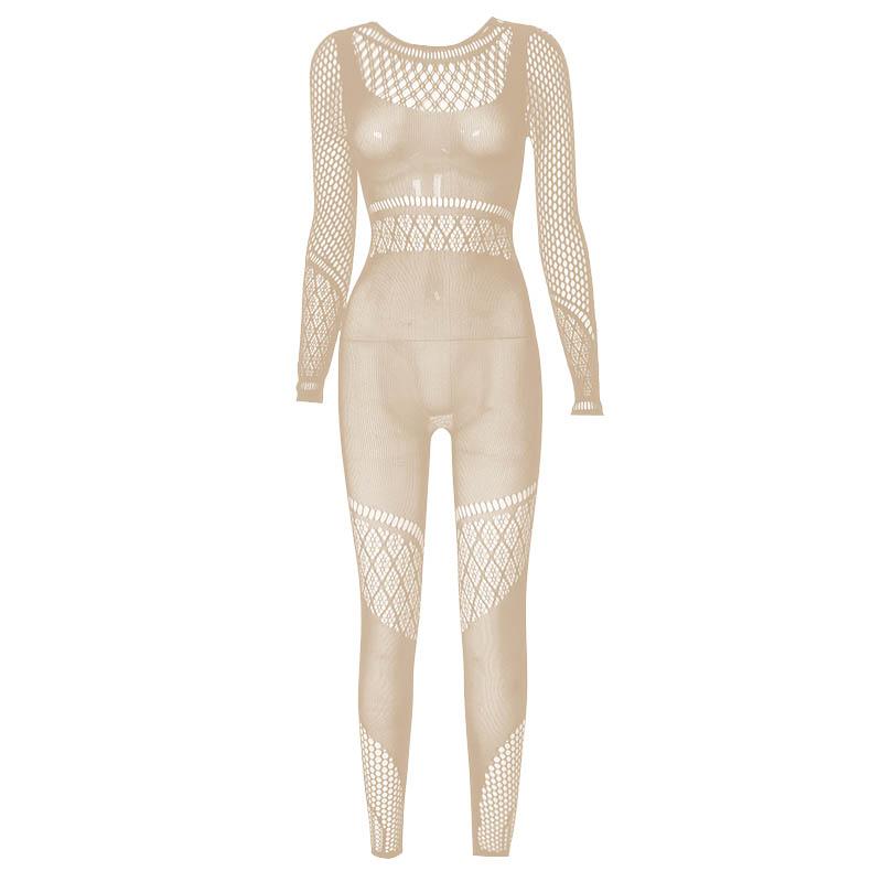 Hollow out solid fishnet long sleeve jumpsuit  | Festival Outfits Women