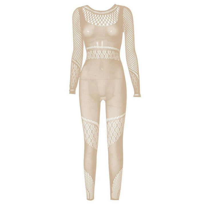 Hollow out solid fishnet long sleeve jumpsuit  | Festival Outfits Women