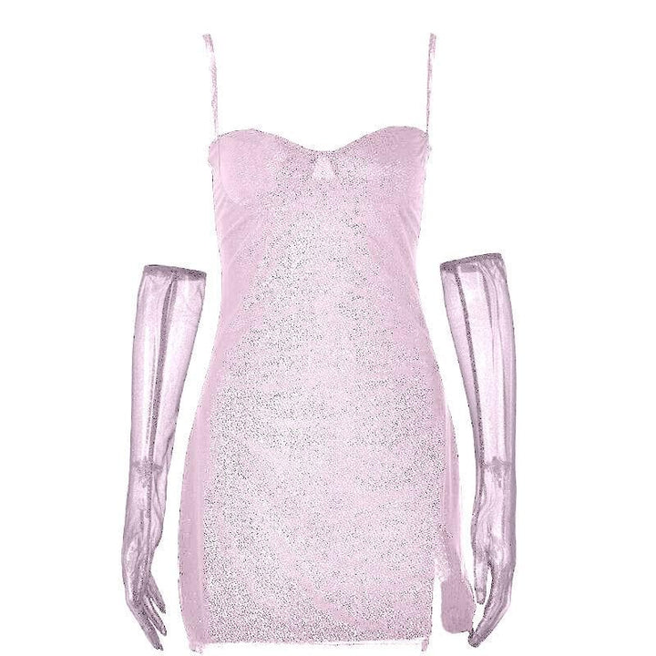 Textured mesh gloves sweetheart neck zip-up slit cami mini dress