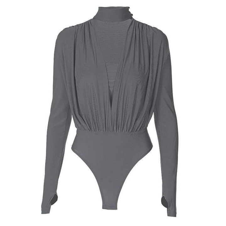 V neck solid ruched gloves high neck long sleeve bodysuit