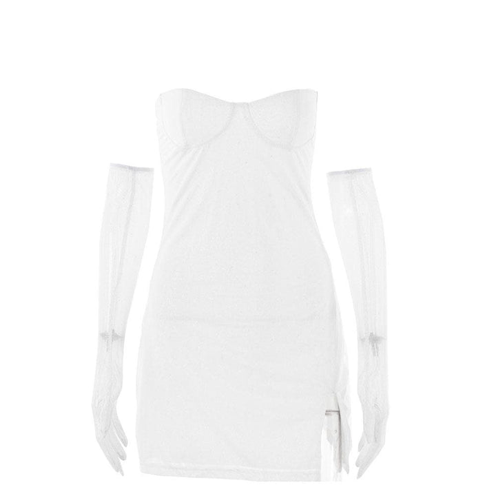 Textured mesh gloves sweetheart neck zip-up slit cami mini dress