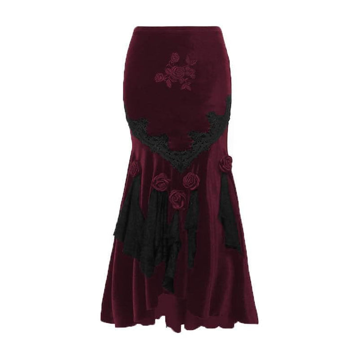Velvet embroidery flower applique lace hem ruched maxi skirt | victorian gothic dresses  | Festival Outfits Women