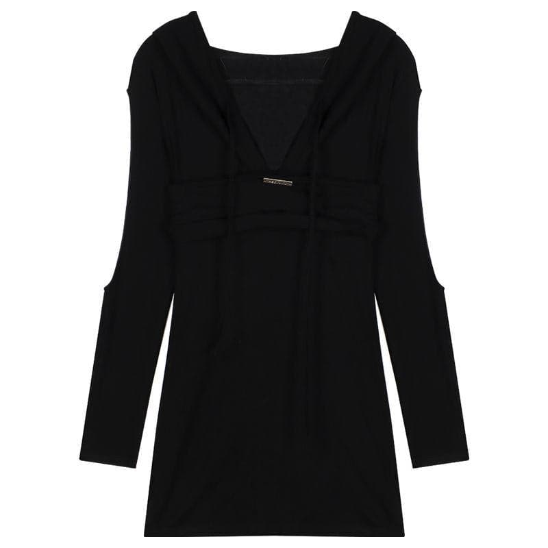Long sleeve hollow out lace up drawstring hoodie mini dress-final-sale