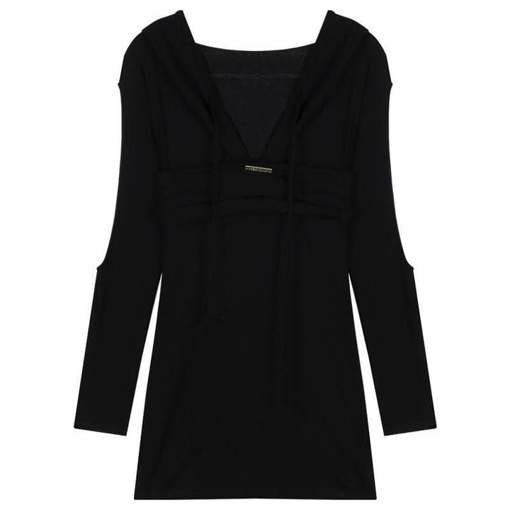 Long sleeve hollow out lace up drawstring hoodie mini dress-final-sale