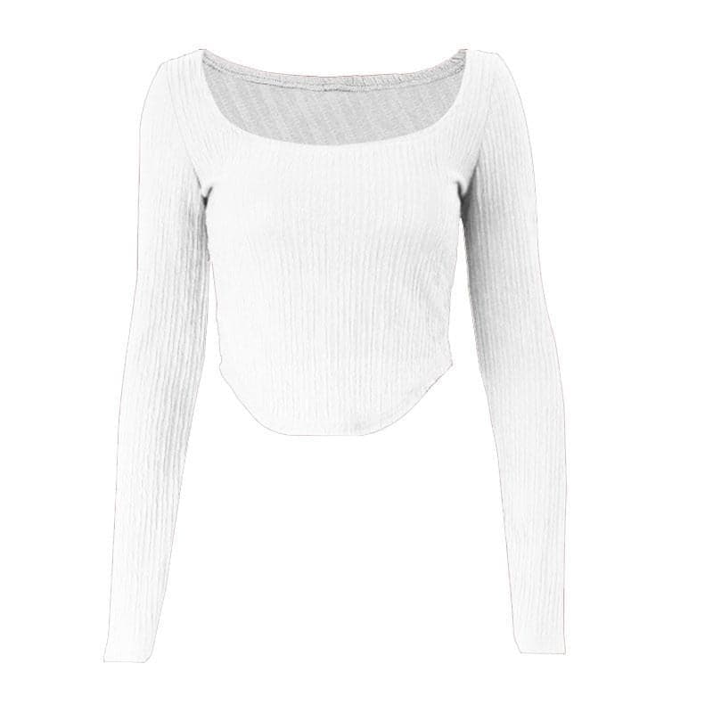 Long sleeve textured solid square neck crop top