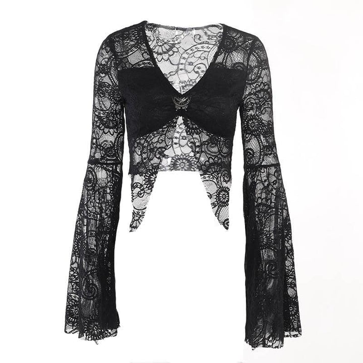 Flared sleeve lace slit v neck solid crop top-final-sale