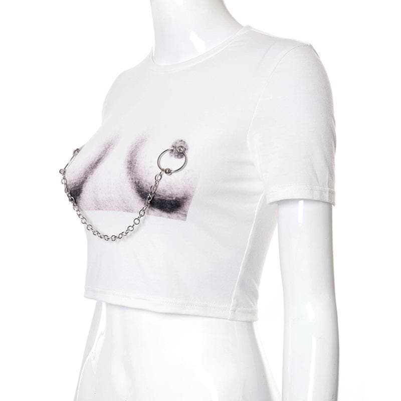 Body print metal chain contrast short sleeve crop top-final-sale