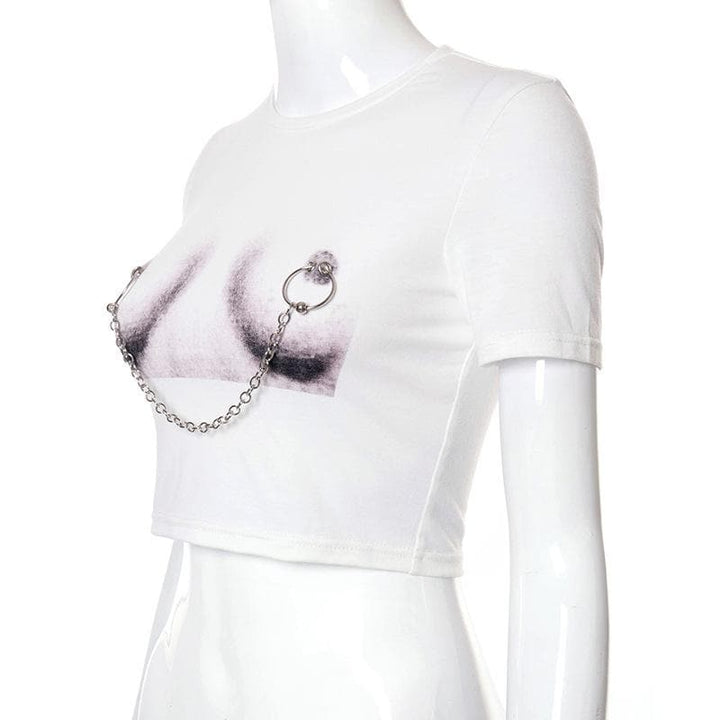 Body print metal chain contrast short sleeve crop top-final-sale