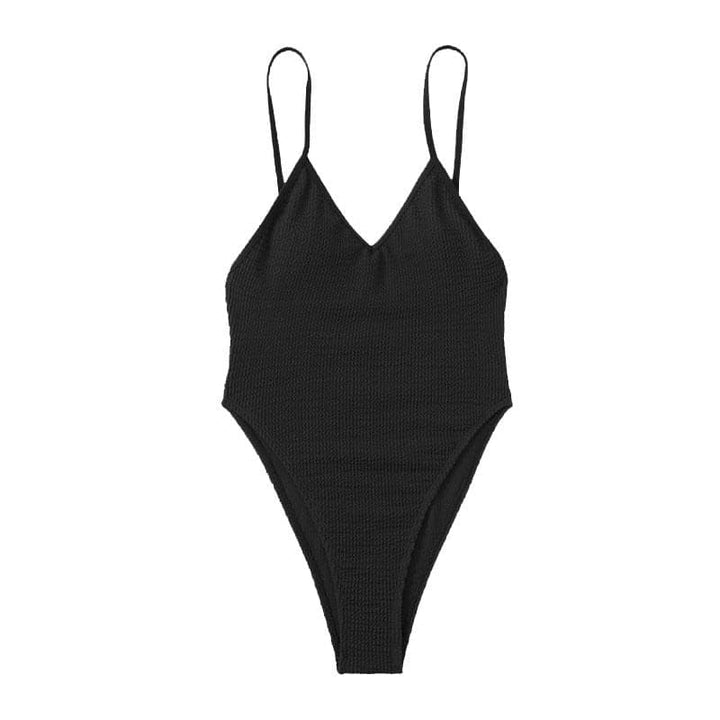 Textured v neck solid padded backless one piece swimwear