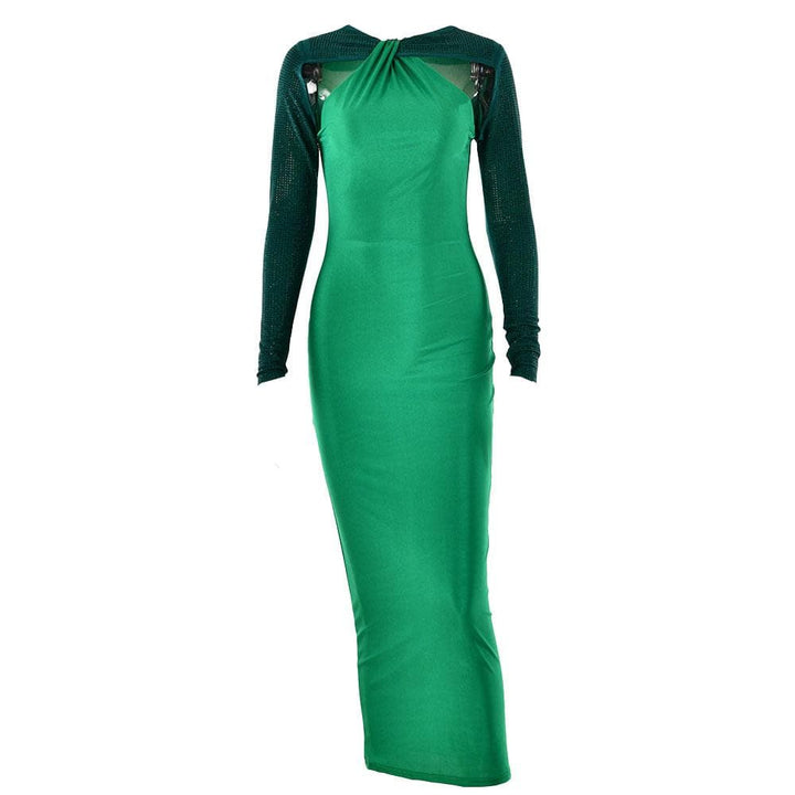 Long sleeve beaded zip-up hollow out patchwork cut out maxi dress