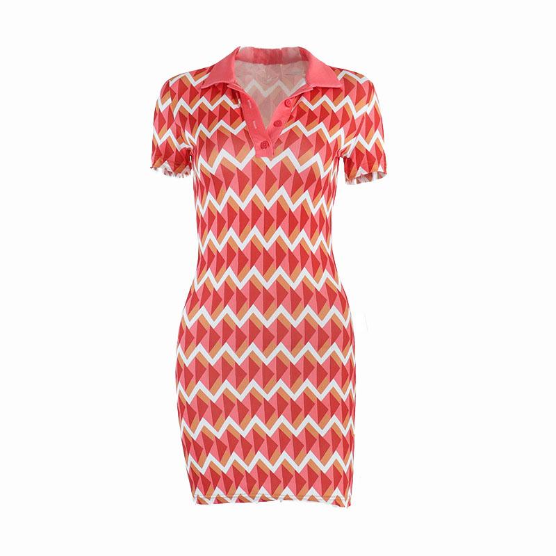 Short sleeve contrast turnover collar button mini dress