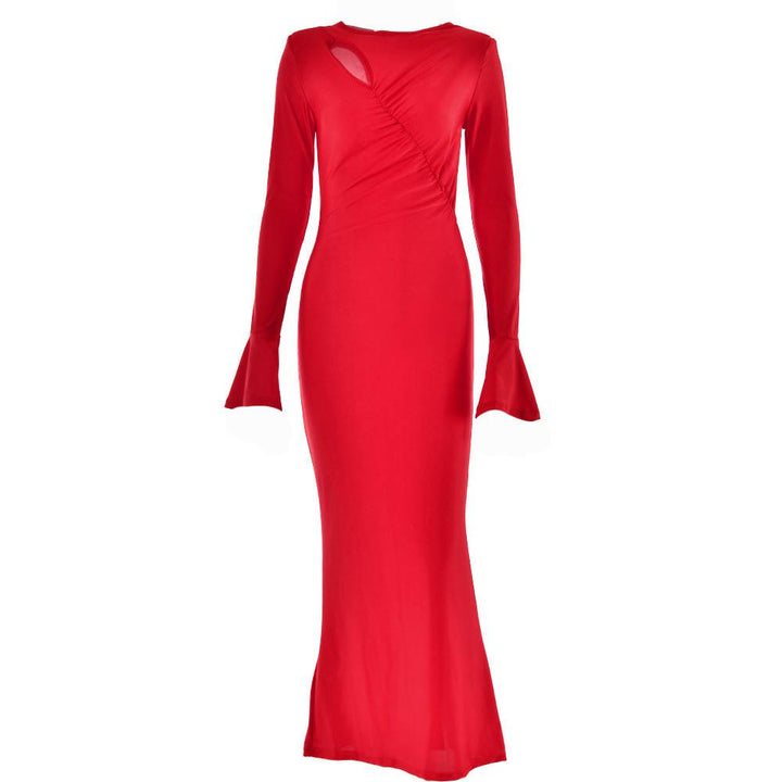 Ruched solid hollow out irregular long sleeve cut out maxi dress - Final Sale