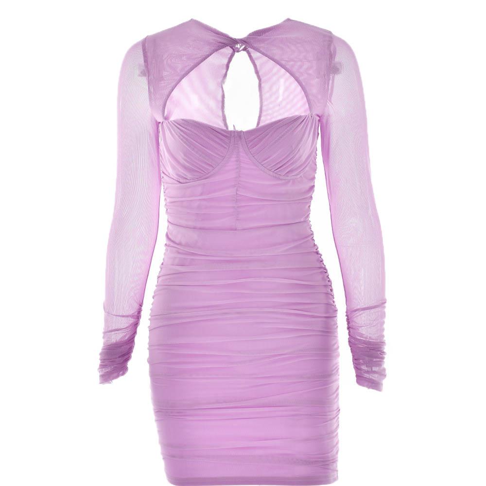 Hollow out ruched mesh long sleeve zip-up button cut out mini dress