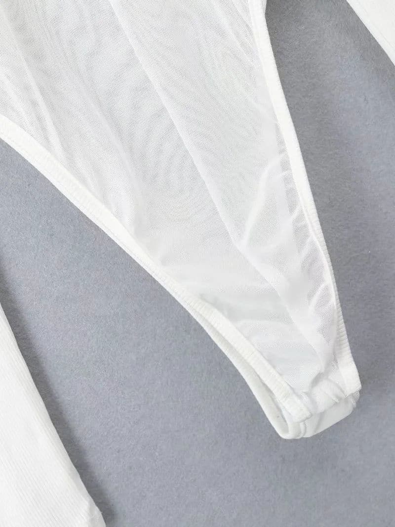 Mesh long sleeve high neck solid bodysuit top-final-sale