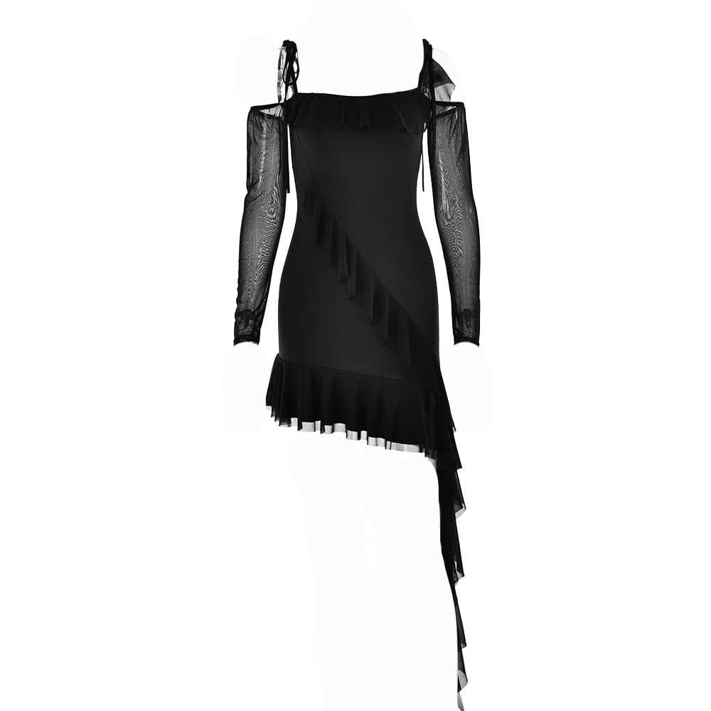 Ruffle self tie irregular off shoulder mesh long sleeve mini dress