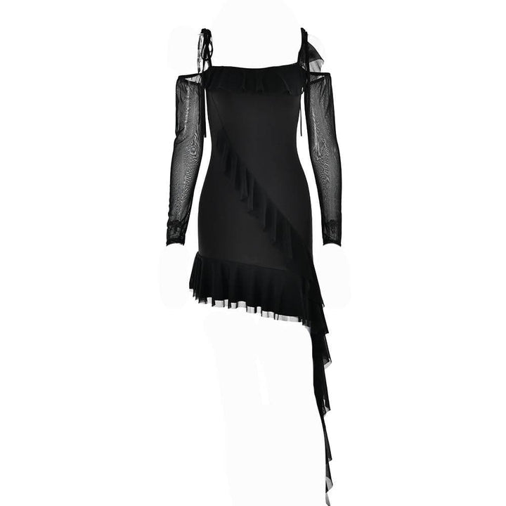 Ruffle self tie irregular off shoulder mesh long sleeve mini dress