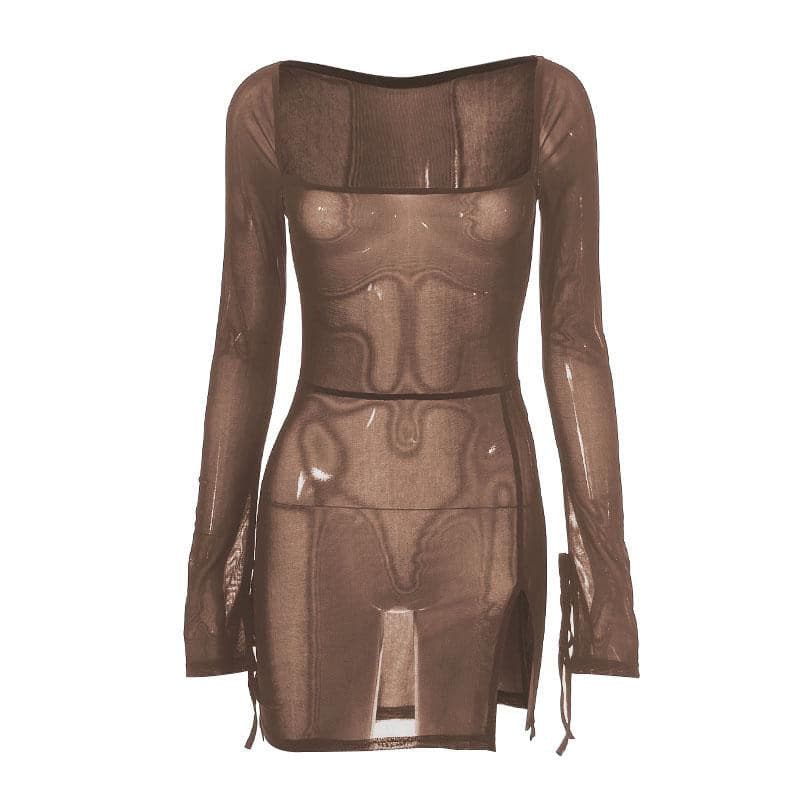 Sheer mesh see through square neck slit long sleeve mini dress-final-sale