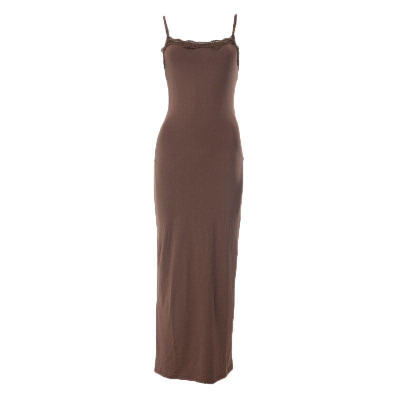 Lace hem square neck solid backless cami maxi dress- Final Sale