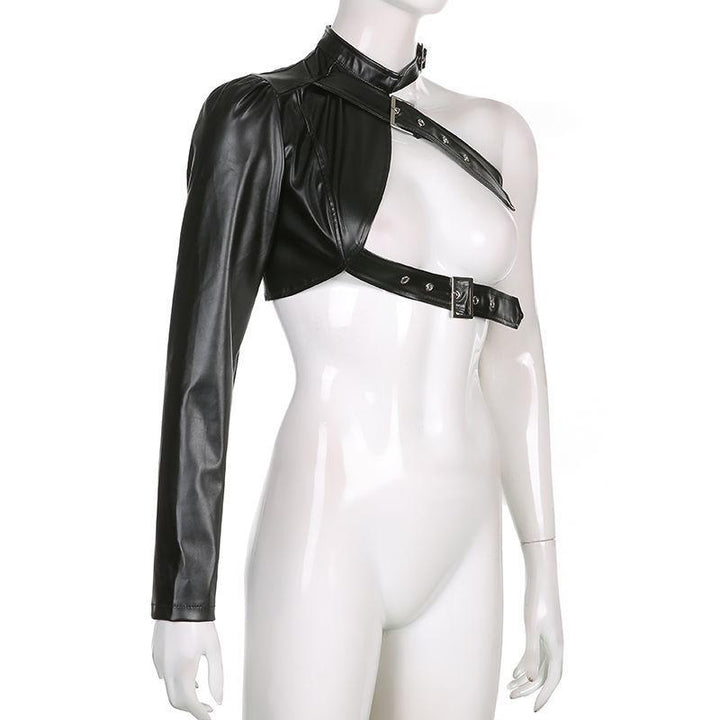 Long sleeve one shoulder solid PU leather metal button crop top-final-sale