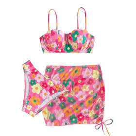 Flower pattern drawstring contrast padded 3 piece swimwear