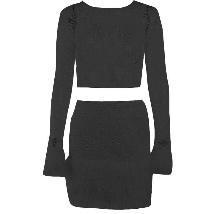 Feather long sleeve fishnet see through solid mini skirt set