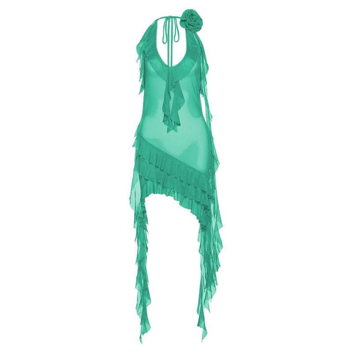 See through halter sheer mesh ruffle flower applique mini dress