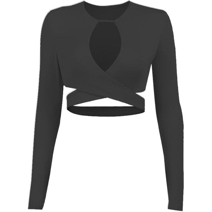 Hollow out solid cross front low cut long sleeve crop cut out top - Final Sale