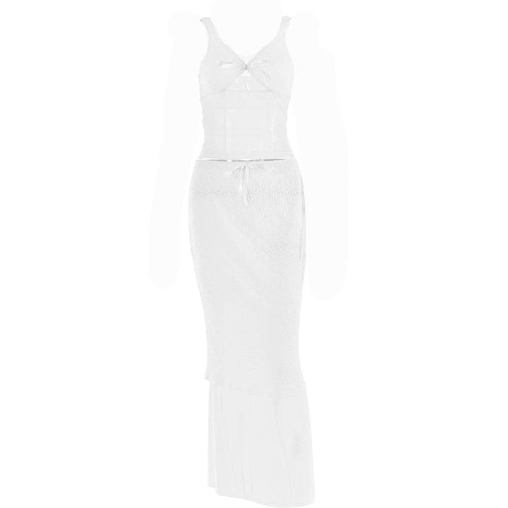 Lace v neck sleeveless hollow out solid patchwork maxi skirt set - Final Sale