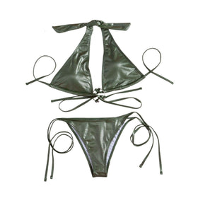 Metallic solid halter self tie o ring backless bikini swimwear