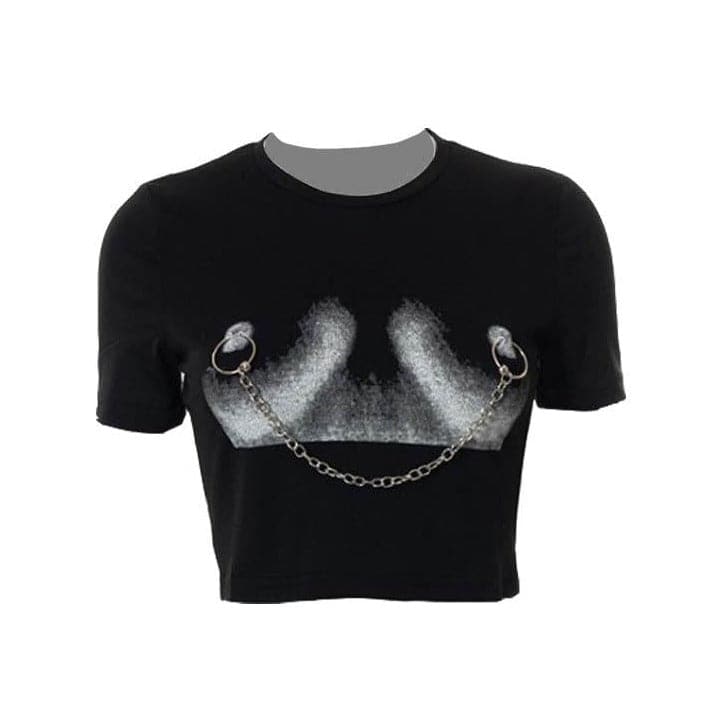 Body print metal chain contrast short sleeve crop top-final-sale