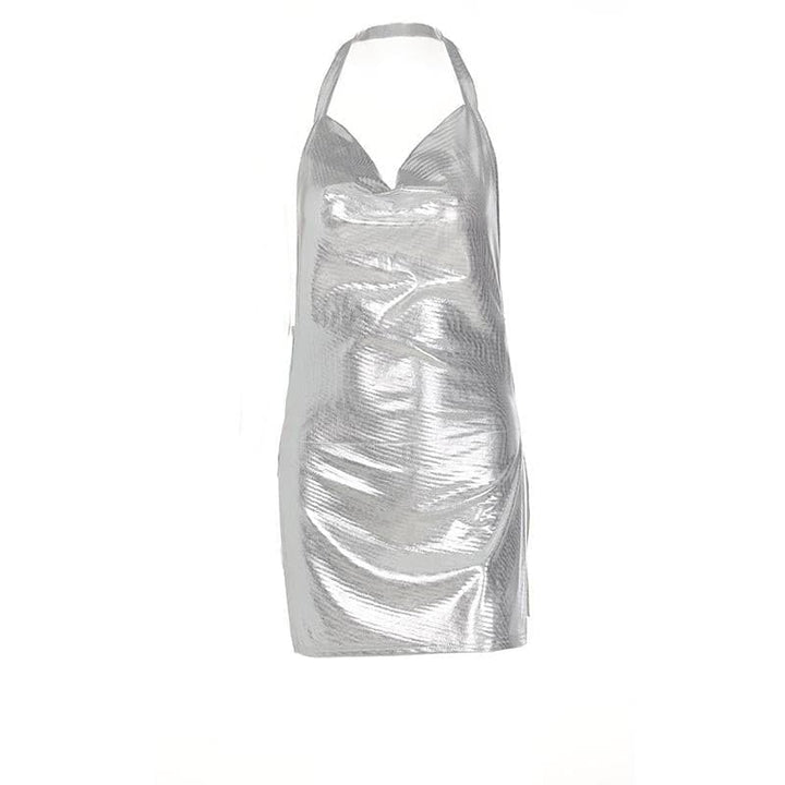 Halter cowl neck metallic high slit backless mini dress  | Festival Outfits Women