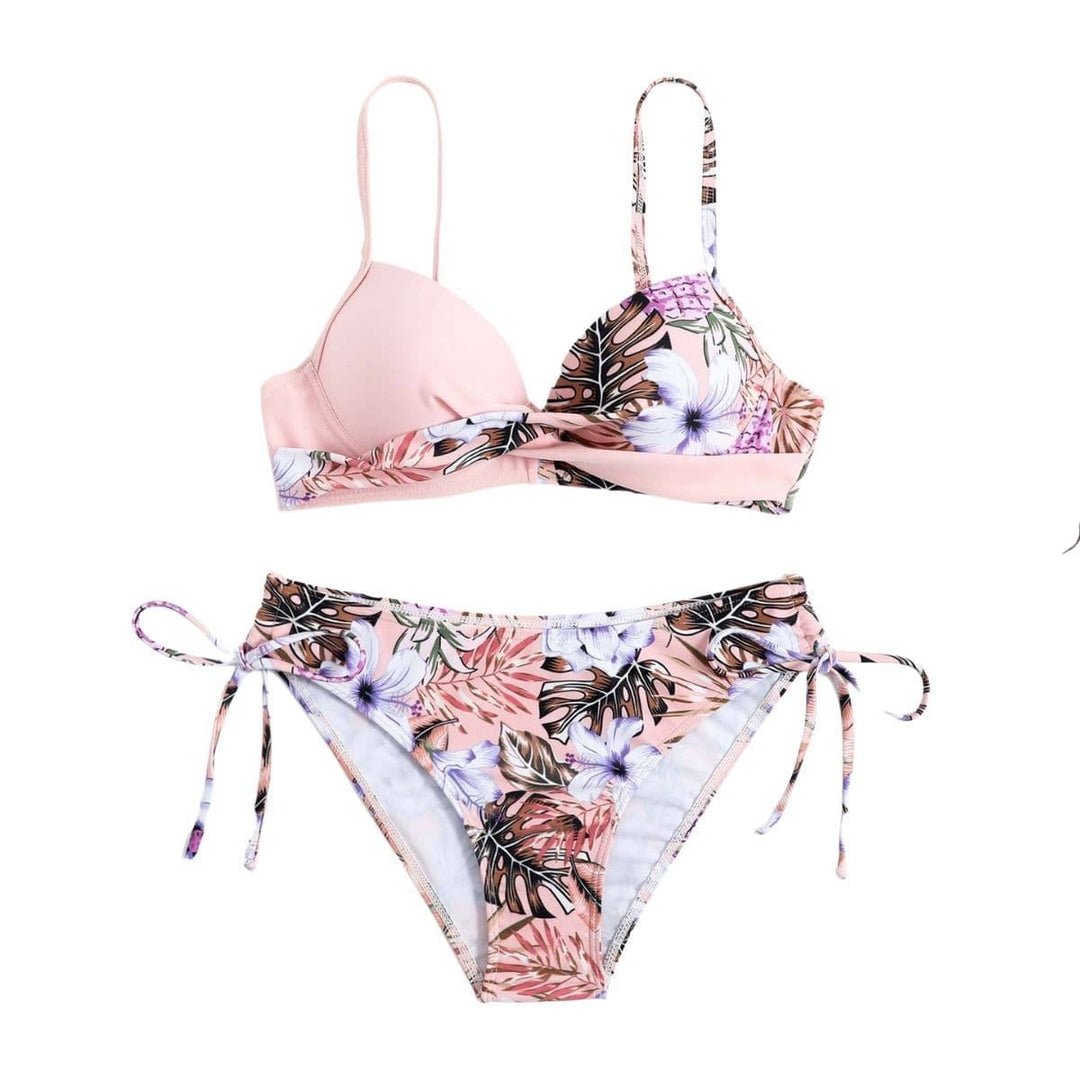 Kayan wanka na bikini mai ɗaure da kai, an yi masa fenti mai kama da fure, an yi masa ado da lace ...