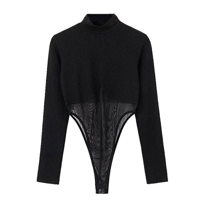 Mesh long sleeve high neck solid bodysuit top-final-sale
