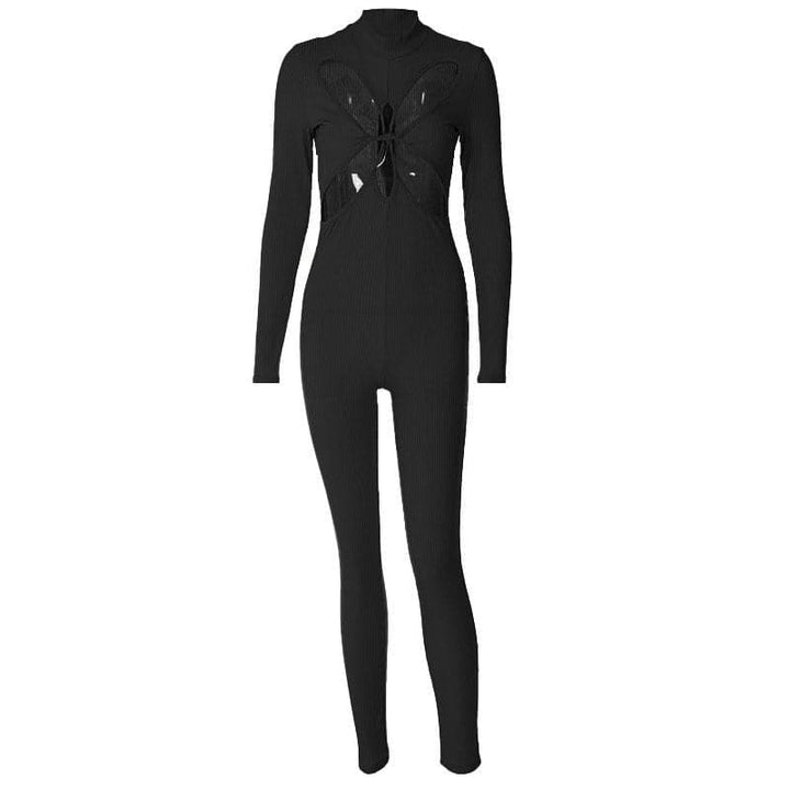 Hollow out long sleeve solid zip-up high neck jumpsuit - Final Sale