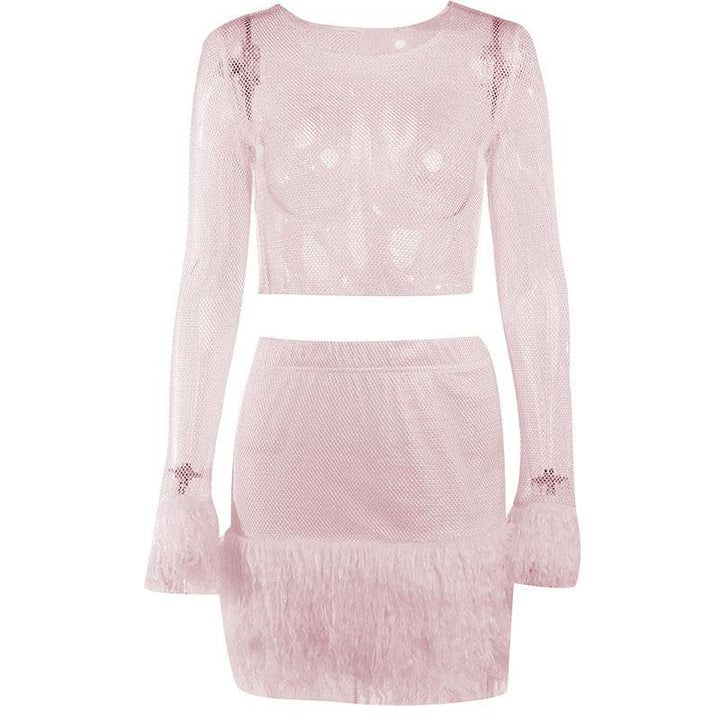 Feather long sleeve fishnet see through solid mini skirt set