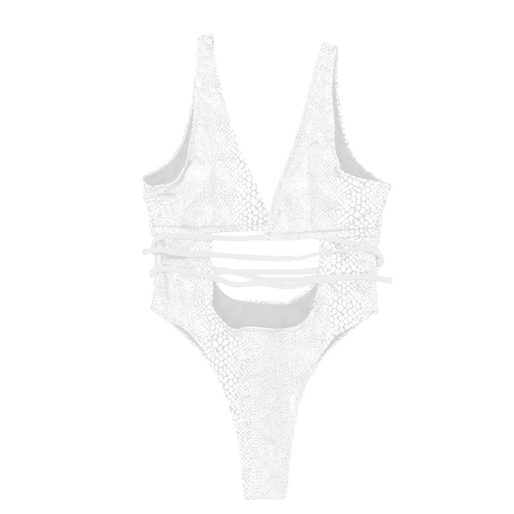 Solid cross front snakeskin print self tie metallic one piece swimwear