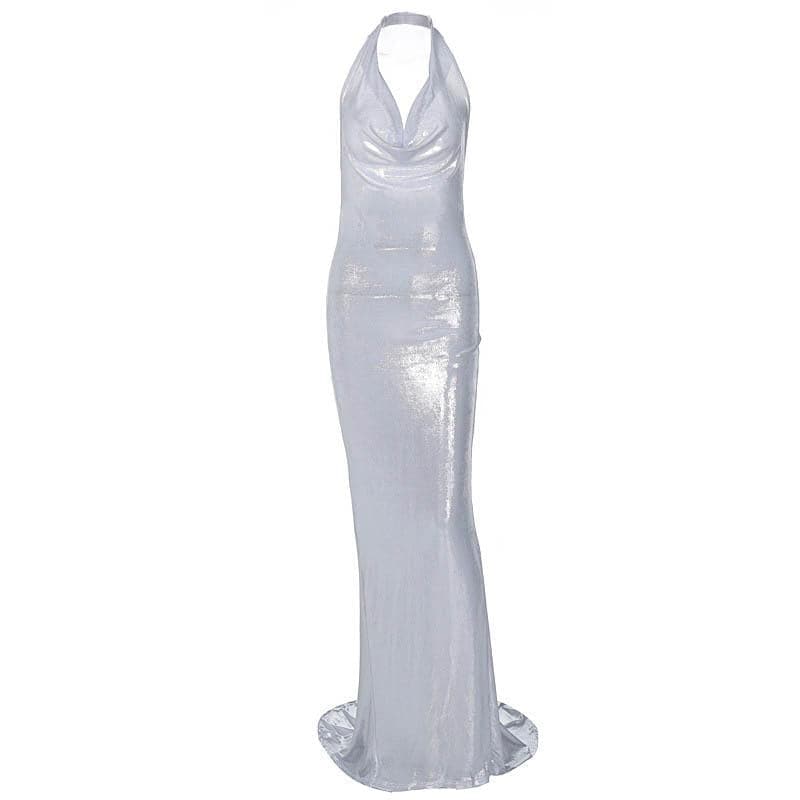 Metallic cowl neck ruched halter backless maxi dress Halibuy Metallic cowl neck ruched halter backless maxi dress Halibuy