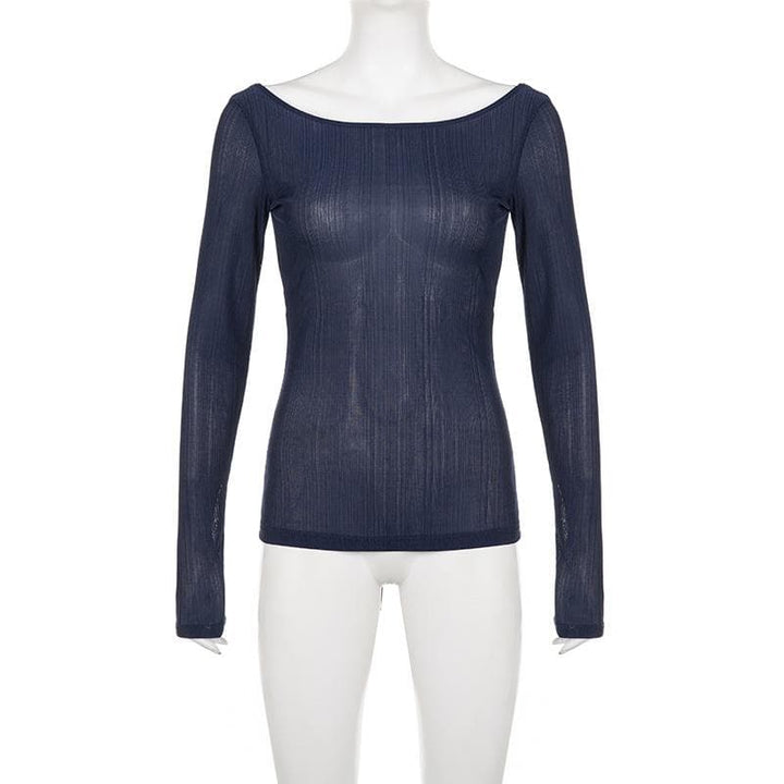 Round neck hollow out backless long sleeve solid cut out top
