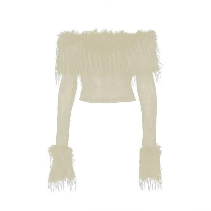 Furry patchwork off shoulder long sleeve solid top  | Festival Outfits Women