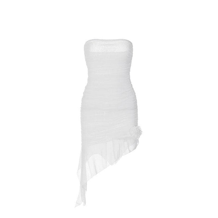 Solid mesh irregular ruffle flower applique ruched tube mini dress-final-sale