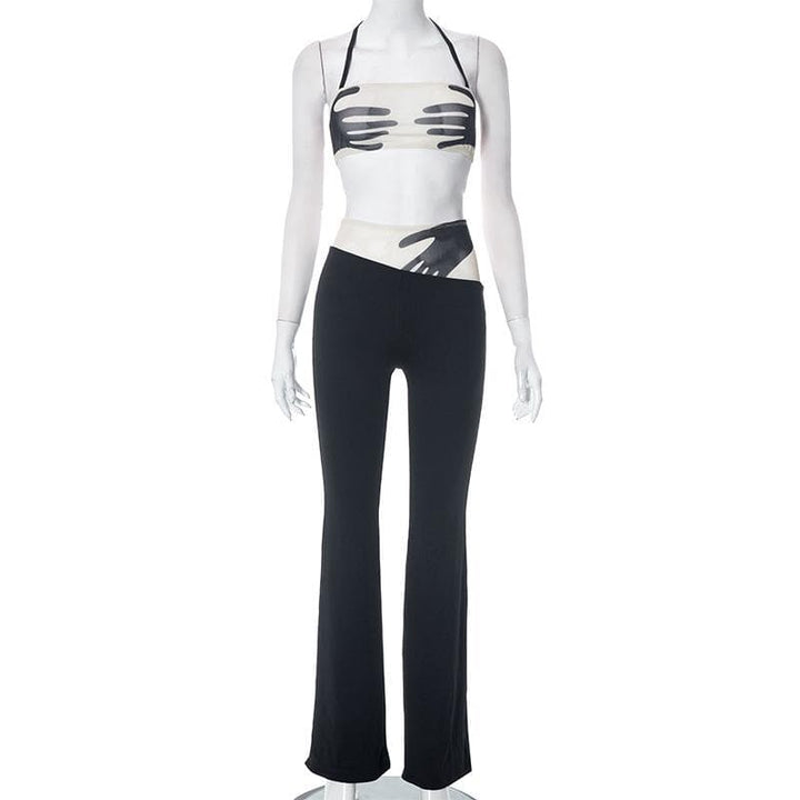 Halter backless mesh patchwork contrast palm pattern pant set