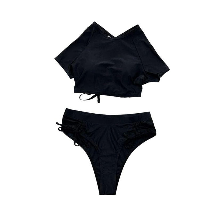 Qısa qollu, bərk ipli, büzməli bikini mayo